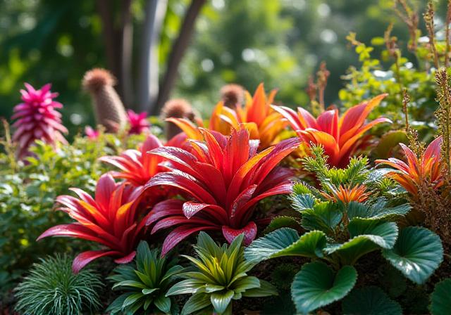 Vibrant tropical garden bed with blooming bromeliads