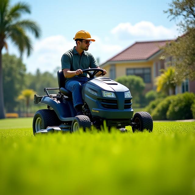 A Power Plant Landscaping team member meticulously mowing a lush green lawn in North Palm Beach